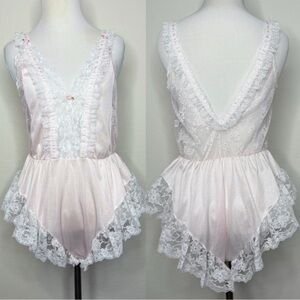 Vintage Tosca of California Pink Satin Lace Teddy Bodysuit Small Snap Bottom